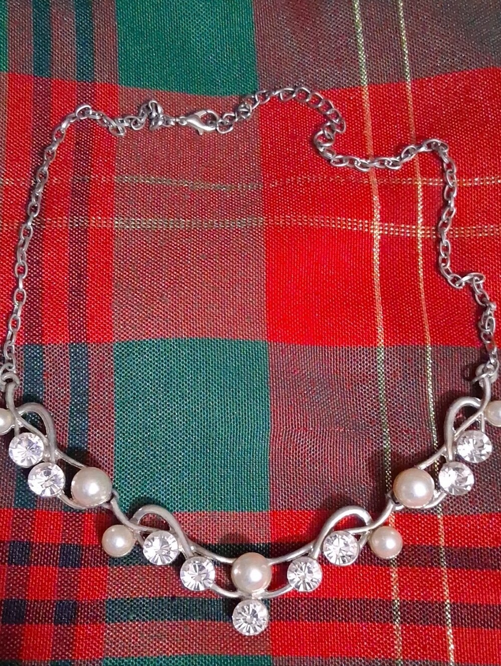 Silver Faux Pearl & Clear Rhinestone Necklace - Elegant Women’s Jewelry